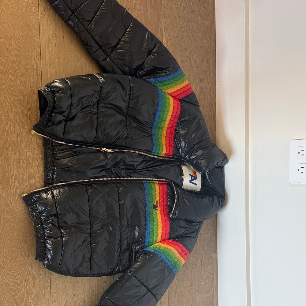 Aviator Nation Black Puffer Jacket with Rainbow Chevron